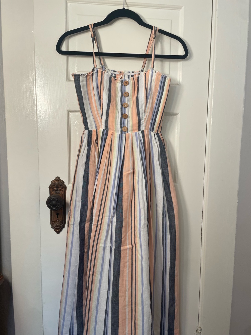 Free People Striped Button-Front Maxi Sundress in Peach, Blue, White
